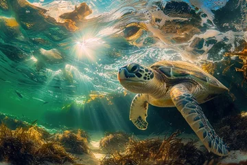 Foto op Canvas turtle, nature, underwater, water, animal, swimming, reef, sea turtle, tortoise, aquatic. close up to green sea turtle, portrait of happy sea turtle swimming underwater with sunshine via ai generated. © Day Of Victory Stu.