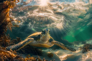  turtle, nature, underwater, water, animal, swimming, reef, sea turtle, tortoise, aquatic. close up to green sea turtle, portrait of happy sea turtle swimming underwater with sunshine via ai generated. © Day Of Victory Stu.