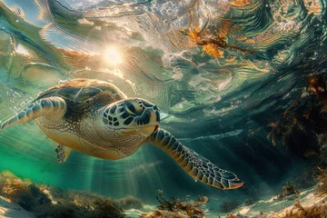 Poster turtle, nature, underwater, water, animal, swimming, reef, sea turtle, tortoise, aquatic. close up to green sea turtle, portrait of happy sea turtle swimming underwater with sunshine via ai generated. © Day Of Victory Stu.