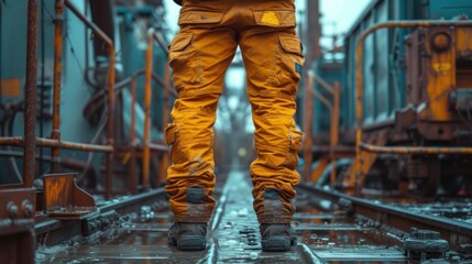  a person standing on a train track with their feet in the air and wearing yellow work pants and a black jacket and a yellow jacket with a yellow tag on.