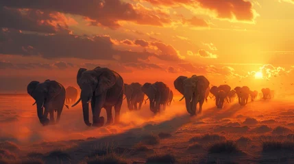 Fototapeten animal, elephant, mammal, sky, sunset, wild, background, wildlife, nature, field. herd of elephants walking across a dry grass field sunset with the sun in the background and a few trees in foreground © Day Of Victory Stu.