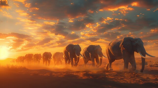 animal, elephant, mammal, sky, sunset, wild, background, wildlife, nature, field. herd of elephants walking across a dry grass field sunset with the sun in the background and a few trees in foreground