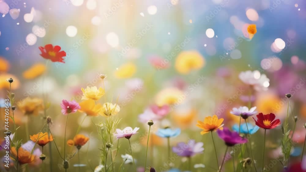 Poster a vibrant field of colorful flowers with a bright light in the background. perfect for nature and sp