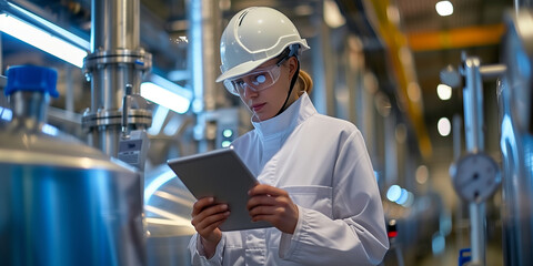  Engineer Analyzing Data on Tablet in Industrial Plant.A professional female engineer in a hard hat and safety glasses attentively reads a tablet amidst gleaming industrial equipment. - obrazy, fototapety, plakaty
