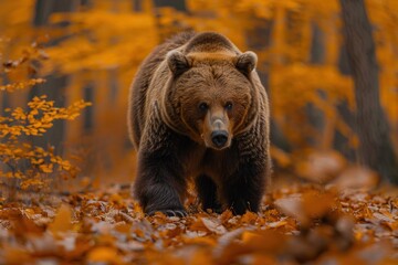 Fototapeta premium animal, bear, forest, mammal, nature, wildlife, big, brown bear, wild, background. close up to big brown bear walking in autumn forest with red maple. dangerous animal in nature forest, meadow habitat