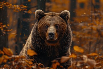 Obraz premium animal, bear, forest, mammal, nature, wildlife, big, brown bear, wild, background. close up to big brown bear walking in autumn forest with red maple. dangerous animal in nature forest, meadow habitat