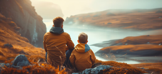 Serene Moments. Father and Child Contemplating Mountain Lake.A peaceful scene with a father and child sitting by a misty mountain lake, immersed in nature's tranquility. - obrazy, fototapety, plakaty