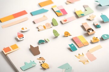 A set of playful, minimalistic sticky page markers in various shapes and colors, featuring cute illustrations