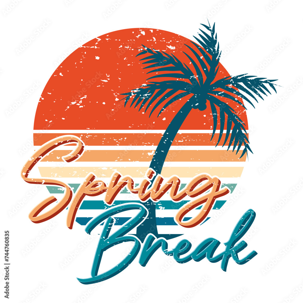 Poster spring break retro colorful sunset with text and palm vintage texture.