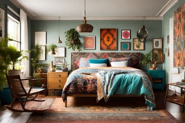 An eclectic boho-chic bedroom with mix-and-match furniture, vibrant patterns, and a free-spirited...