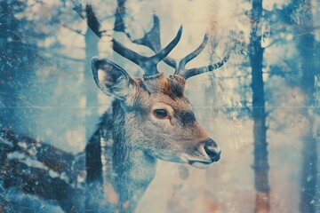 animal, abstract, horn, nature, wildlife, background, mammal, wild, antler, design. creative image of white deer with forest around over faint white background. miracle and fantasy. ai generated art.