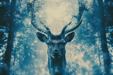 Plexiglas foto achterwand animal, abstract, horn, nature, wildlife, background, mammal, wild, antler, design. creative image of white deer with forest around over faint white background. miracle and fantasy. ai generated art. © Day Of Victory Stu.