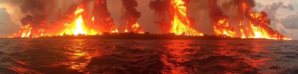 Dramatic Lava Flow into the Ocean at Twilight with Smoke and Fire in the Sky