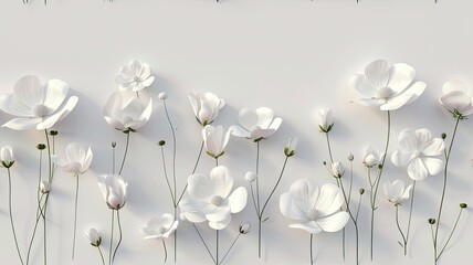 an immersive 3D mural illustration featuring delicate white flowers blossoming against a clean white backdrop.