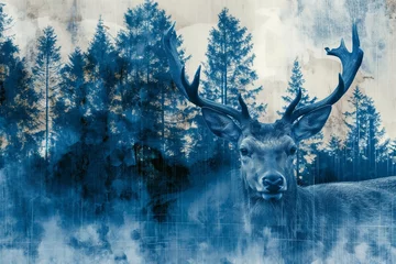 Rolgordijnen animal, abstract, horn, nature, wildlife, background, mammal, wild, antler, design. creative image of white deer with forest around over faint white background. miracle and fantasy. ai generated art. © Day Of Victory Stu.