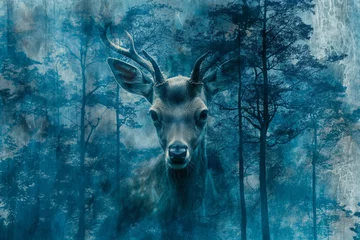 Tuinposter animal, abstract, horn, nature, wildlife, background, mammal, wild, antler, design. creative image of white deer with forest around over faint white background. miracle and fantasy. ai generated art. © Day Of Victory Stu.