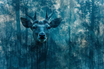 Tuinposter animal, abstract, horn, nature, wildlife, background, mammal, wild, antler, design. creative image of white deer with forest around over faint white background. miracle and fantasy. ai generated art. © Day Of Victory Stu.