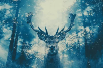 Foto op Canvas animal, abstract, horn, nature, wildlife, background, mammal, wild, antler, design. creative image of white deer with forest around over faint white background. miracle and fantasy. ai generated art. © Day Of Victory Stu.