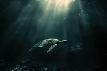 Foto op Canvas turtle, nature, underwater, water, animal, swimming, reef, sea turtle, tortoise, aquatic. close up ancient sea turtle, portrait of mystery sea turtle swimming underwater with sunshine via ai generate. © Day Of Victory Stu.