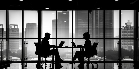 Business illustration. Silhouetted professionals in meeting with cityscape backdrop - obrazy, fototapety, plakaty