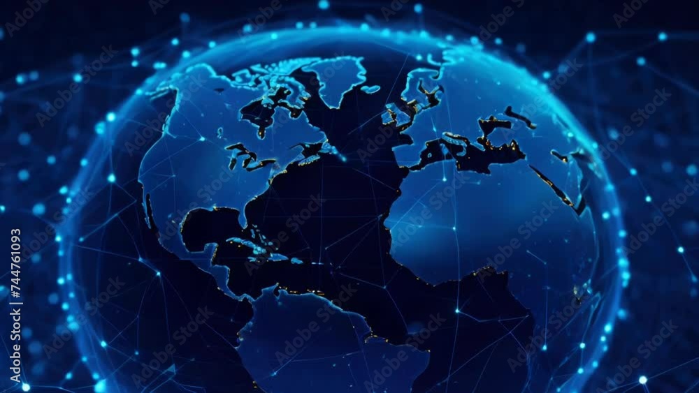 Poster Close up of a blue globe with intricate lines and dots. Perfect for educational or technology concepts.