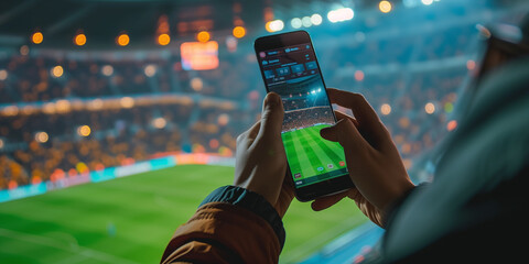 Digital Spectator: Blending Technology with Tradition.In the electrifying ambiance of a night-time sports event, a fan captures the action through a smartphone. - obrazy, fototapety, plakaty