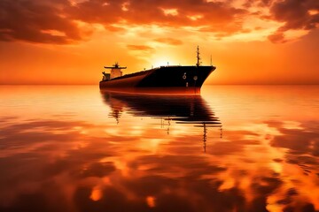 The reflection of an oil tanker on the water's surface at sunset, with the sky ablaze with warm hues, creating a serene and picturesque scene. - obrazy, fototapety, plakaty