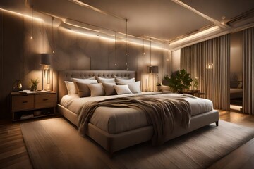 A cozy bedroom with warm neutral tones, a plush king-size bed, and soft ambient lighting creating a...
