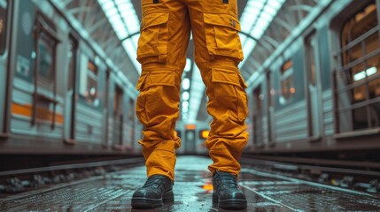  the legs of a person in yellow pants standing on a train platform with a train in the background and a train on the other side of the track in the distance.