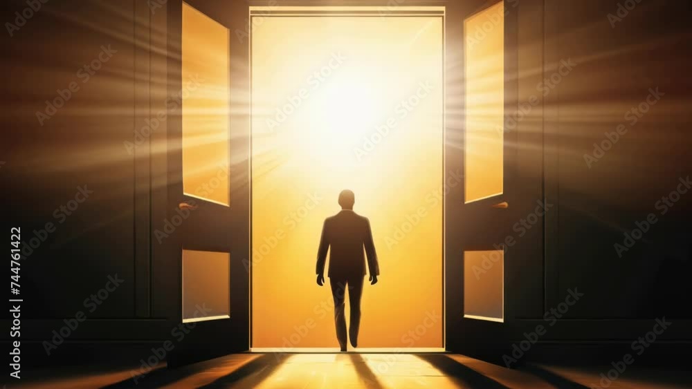 Poster a man walking out of an open door, suitable for various concepts.