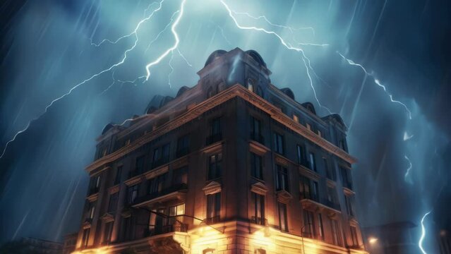 Dramatic image of lightning striking a tall building, perfect for illustrating power and danger.