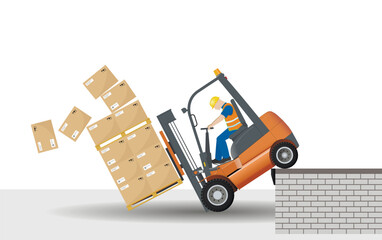 Dangers of working with a forklift. Loading area. The load broke apart when the forklift fell off the ramp.