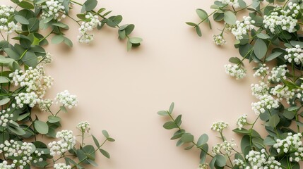 Mockup of a wedding invitation card featuring natural eucalyptus and white gypsophila plant twigs. The blank card mockup is set against a beige background.