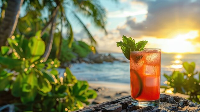 Savor a cocktail while on vacation, with a selective focus on nature