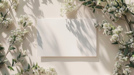 Mockup of a wedding invitation card featuring natural eucalyptus and white gypsophila plant twigs. The blank card mockup is set against a beige background.