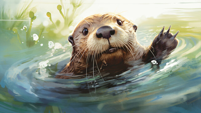 A whimsical image of an otter floating