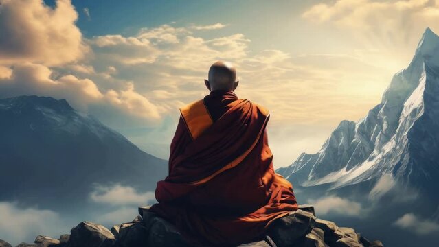 A serene image of a monk sitting on a rock, gazing at a majestic mountain. Ideal for meditation or mindfulness concepts.