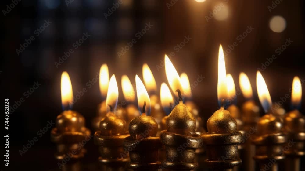 Poster a group of lit candles sitting on top of a table. perfect for home decor or event planning.