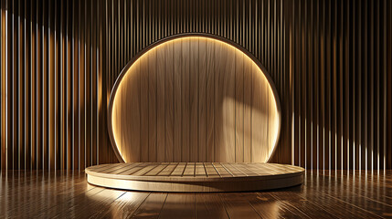 Wooden podium with a golden backdrop, creating a luxurious and opulent setting for product presentations.