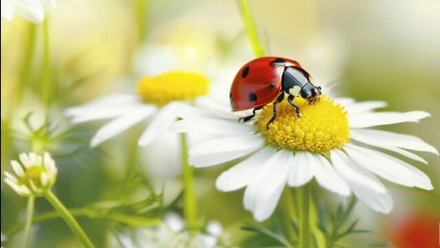 Red ladybug on white daisy flower against blurred green natural background