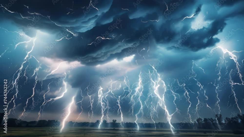 Poster a large cloud filled with lightning bolts. perfect for weather or natural disaster concepts.
