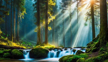 A cinematic scene of a forest with backlit trees. Sun rays shining through the leaves over a winding river in the middle. Green mossy grass covers stone. Rich blue and green tones