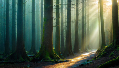 A cinematic scene of a forest with backlit trees. Sun rays shining through the leaves over a...