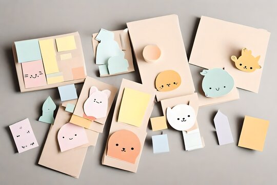 A set of playful, minimalistic sticky notes in various shapes and colors, featuring cute illustrations