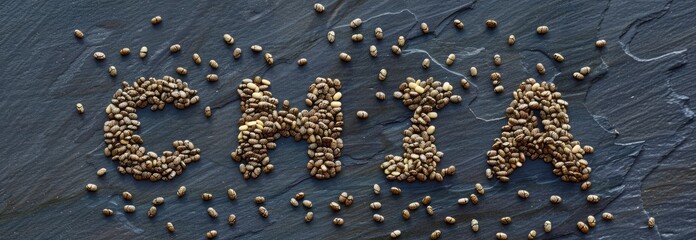 The word "chia" made up of carefully placed seeds in the shape of a letter. It symbolizes a healthy diet