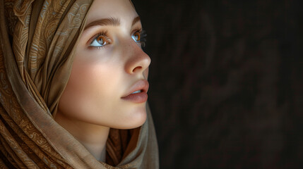 Fototapeta premium Nachdenkliches Porträt von Maria Magdalena, mit braunen Augen und Schal, nach oben schauend, weiblicher biblischer Charakter mit Platz für Text