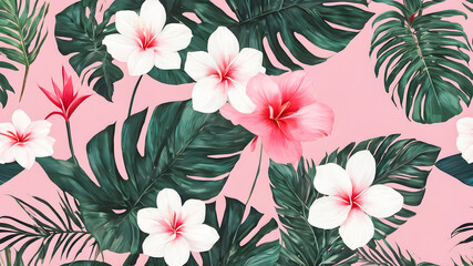 Tropical seamless pattern with hibiscus flowers and palm leaves.  illustration - obrazy, fototapety, plakaty