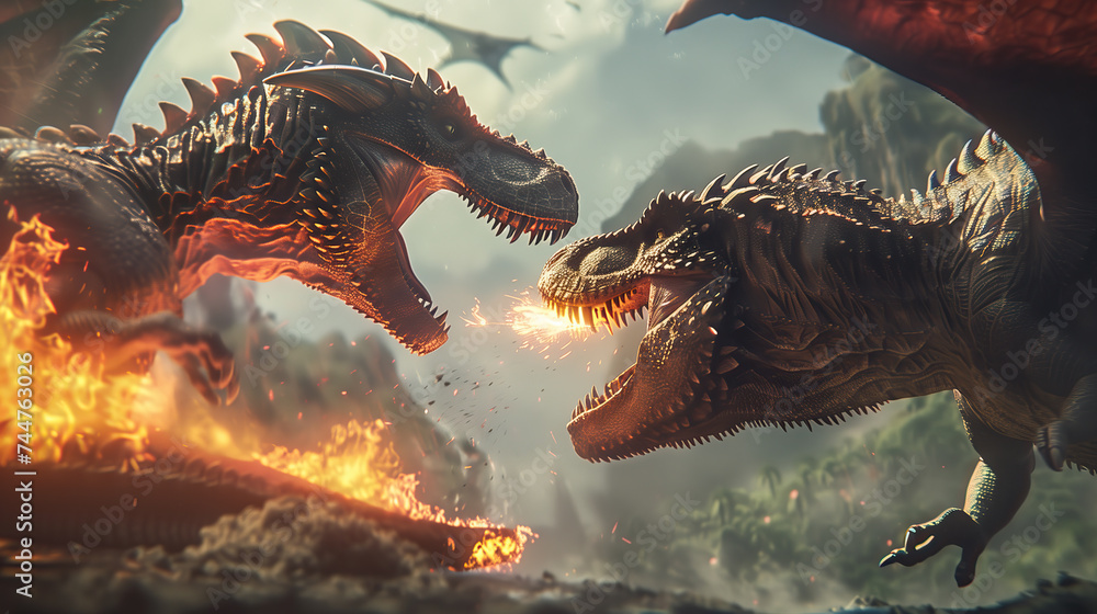 Sticker Witness an epic battle between a Tyrannosaurus Rex dinosaur and a dragon in this photorealistic high-resolution image. Ideal for creative, epic, branding, gaming or fantasy-themed projects - Stickers