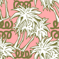 Tropical seamless vector pattern with palm leaves and tree. Holiday vocation theme for fabric print, textile design, fashion party invitation, luxury life style. Hand drawn cartoon line illustration.