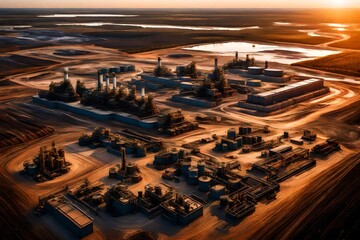 Dawn breaking over a sprawling oil sands extraction site, showcasing the scale of industrial...
